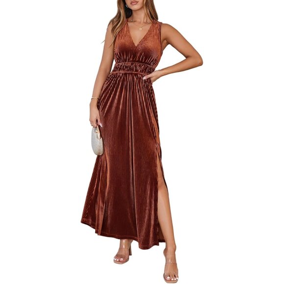 Women's Velvet Maxi Dress Sleeveless Deep V Waist Formal Party Wedding Women's Velvet Maxi Dress Sleeveless Deep V Waist Formal Party Wedding